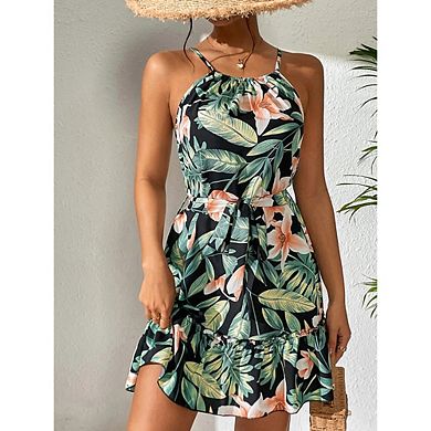 Women's Print Halter Dress Spaghetti Strap Drawstring Waist Summer Vacation Wear