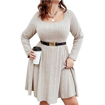 Plus Size Ribbed Knit Dress, Square Neck Long Sleeve A-Line Casual Swing Dress