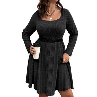 Plus Size Ribbed Knit Dress, Square Neck Long Sleeve A-Line Casual Swing Dress