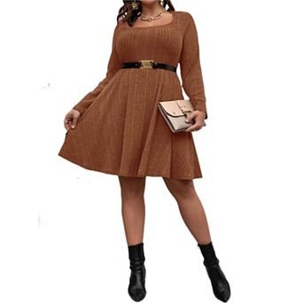 Plus Size Ribbed Knit Dress, Square Neck Long Sleeve A-Line Casual Swing Dress
