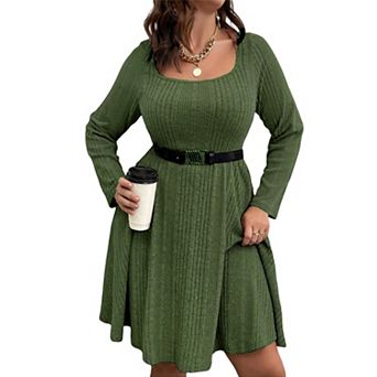 Plus Size Ribbed Knit Dress, Square Neck Long Sleeve A-Line Casual Swing Dress