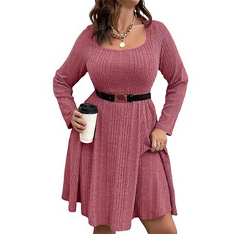 Plus Size Ribbed Knit Dress, Square Neck Long Sleeve A-Line Casual Swing Dress
