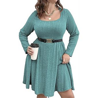 Plus Size Ribbed Knit Dress, Square Neck Long Sleeve A-Line Casual Swing Dress