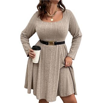 Plus Size Ribbed Knit Dress, Square Neck Long Sleeve A-Line Casual Swing Dress