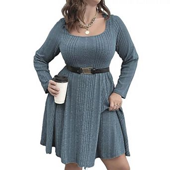 Plus Size Ribbed Knit Dress, Square Neck Long Sleeve A-Line Casual Swing Dress