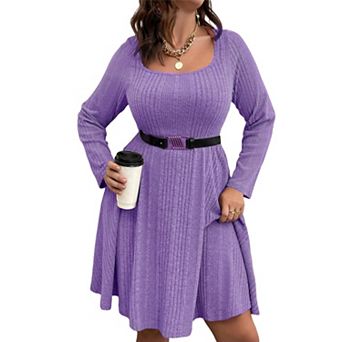 Plus Size Ribbed Knit Dress, Square Neck Long Sleeve A-Line Casual Swing Dress