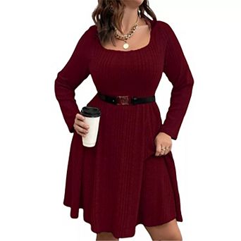Plus Size Ribbed Knit Dress, Square Neck Long Sleeve A-Line Casual Swing Dress