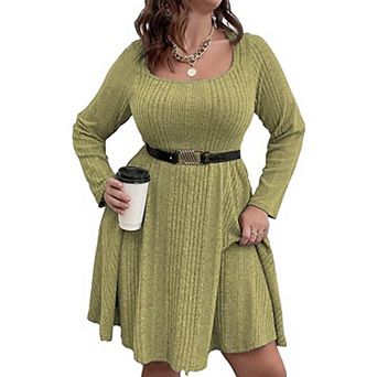 Plus Size Ribbed Knit Dress, Square Neck Long Sleeve A-Line Casual Swing Dress