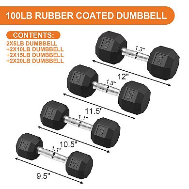 Heavy Duty Hex Dumbbell Set 100LB, Rubber Coated Free Weights, Muscle Toning Workout Dumbbells