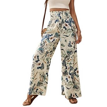 Women’s High Waist Floral Wide Leg Pants, Smocked Waist Casual Trousers for Beach Vacation