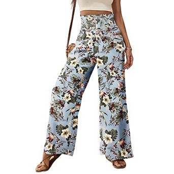 Women’s High Waist Floral Wide Leg Pants, Smocked Waist Casual Trousers for Beach Vacation