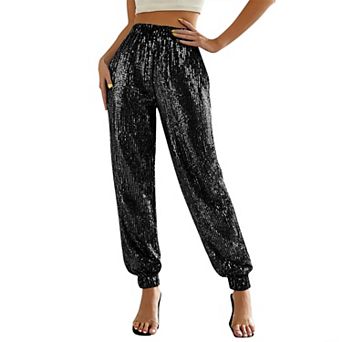 Women’s High Waist Sequin Jogger Pants, Glittery Elastic Waist Trousers for Party Club Night