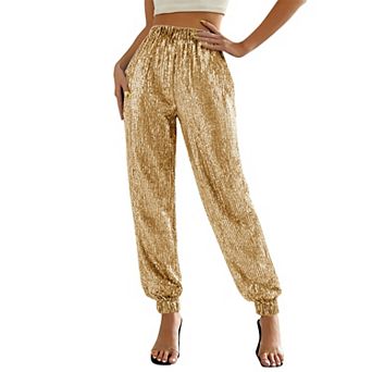 Women’s High Waist Sequin Jogger Pants, Glittery Elastic Waist Trousers for Party Club Night