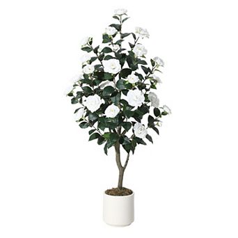 Lifelike Artificial Camellia Tree, Realistic Silk Flower Faux Plant Maintenance-Free Greenery