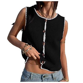 GlowSol Womens Button Down Cropped Knit Pleated Sweaters Tank Tops Casual Vintage Tops