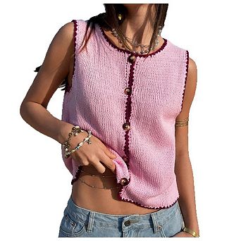 GlowSol Womens Button Down Cropped Knit Pleated Sweaters Tank Tops Casual Vintage Tops