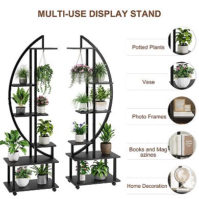 Indoor Circular Plant Display Rack, 6-Tier Sturdy Half Moon Metal Flower Stand with Drawer for Room