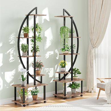 Indoor Circular Plant Display Rack, 6-Tier Sturdy Half Moon Metal Flower Stand with Drawer for Room