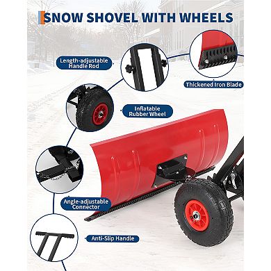 Wheeled Heavy Duty Snow Shovel, Adjustable Angle Height Metal Blade Ergonomic Snow Pusher for Yard