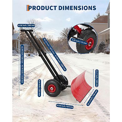 Wheeled Heavy Duty Snow Shovel, Adjustable Angle Height Metal Blade Ergonomic Snow Pusher for Yard