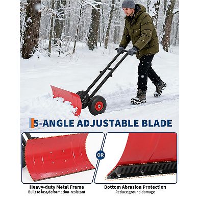 Wheeled Heavy Duty Snow Shovel, Adjustable Angle Height Metal Blade Ergonomic Snow Pusher for Yard
