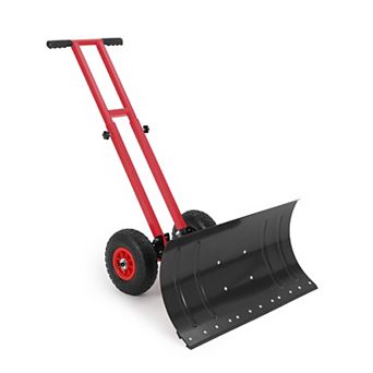 Wheeled Heavy Duty Snow Shovel, Adjustable Angle Height Metal Blade Ergonomic Snow Pusher for Yard