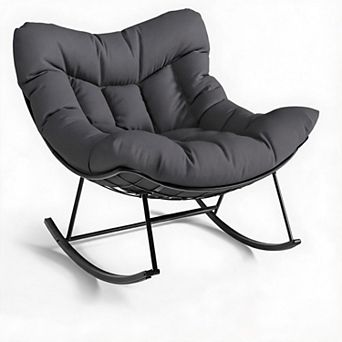 Oversized Papasan Patio Rocking Chair, Egg-Shaped Outdoor Lounge, Powder-Coated Metal Frame