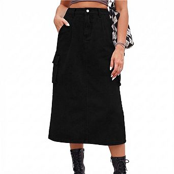 Women's Denim Cargo Midi Skirt High Waisted A-Line Utility Skirt with Side Pockets