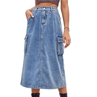 Women's Denim Cargo Midi Skirt High Waisted A-Line Utility Skirt with Side Pockets