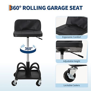 300LB Heavy Duty Shop Rolling Stool Gas Lift Height Adjustable Seat with Locking Wheels & Storage