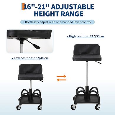300LB Heavy Duty Shop Rolling Stool Gas Lift Height Adjustable Seat with Locking Wheels & Storage