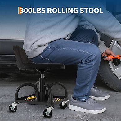 300LB Heavy Duty Shop Rolling Stool Gas Lift Height Adjustable Seat with Locking Wheels & Storage