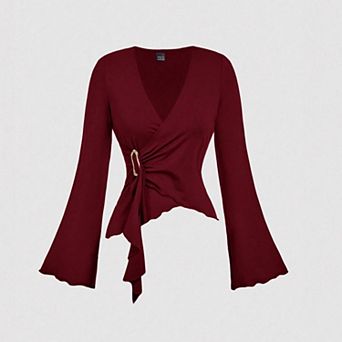 Women's Wrap V-Neck Bell Sleeve Top Asymmetrical Ruched Blouse with Gold Buckle for Office