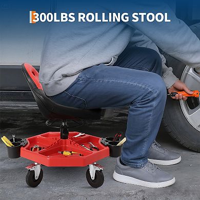 Heavy Duty Rolling Mechanic Stool 300LB Capacity, Height Adjustable Padded Seat with Backrest Tool