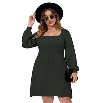 Women’s Plus Size Square Neck Sweater Dress Midi Tie Waist Casual