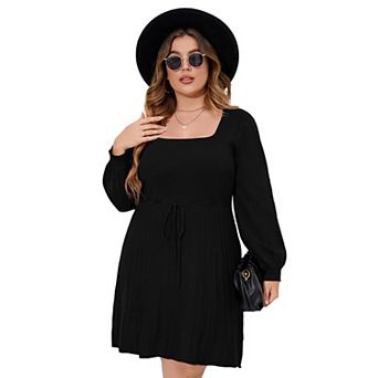 Women’s Plus Size Square Neck Sweater Dress Midi Tie Waist Casual