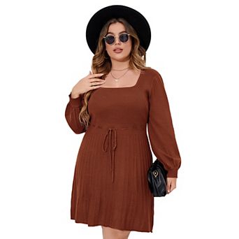 Women’s Plus Size Square Neck Sweater Dress Midi Tie Waist Casual