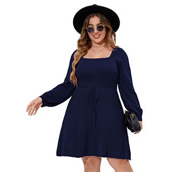 Women’s Plus Size Square Neck Sweater Dress Midi Tie Waist Casual