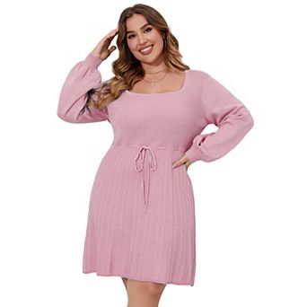 Women’s Plus Size Square Neck Sweater Dress Midi Tie Waist Casual
