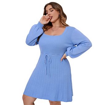 Women’s Plus Size Square Neck Sweater Dress Midi Tie Waist Casual