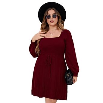 Women’s Plus Size Square Neck Sweater Dress Midi Tie Waist Casual