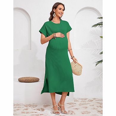 Women's Waffle Knit Side Slit Maternity Midi Dress