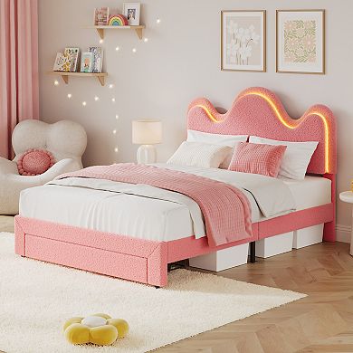Boucle Princess Bed Frame for Girls LED Platform Bed with Storage Drawers