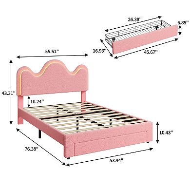 Boucle Princess Bed Frame for Girls LED Platform Bed with Storage Drawers