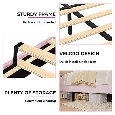 Boucle Princess Bed Frame for Girls LED Platform Bed with Storage Drawers