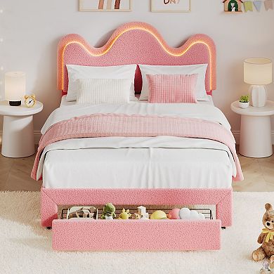 Boucle Princess Bed Frame for Girls LED Platform Bed with Storage Drawers