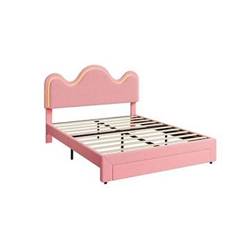 Boucle Princess Bed Frame for Girls LED Platform Bed with Storage Drawers