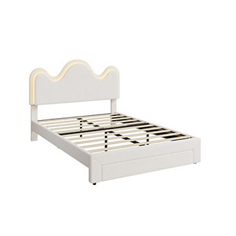 Boucle Princess Bed Frame for Girls LED Platform Bed with Storage Drawers