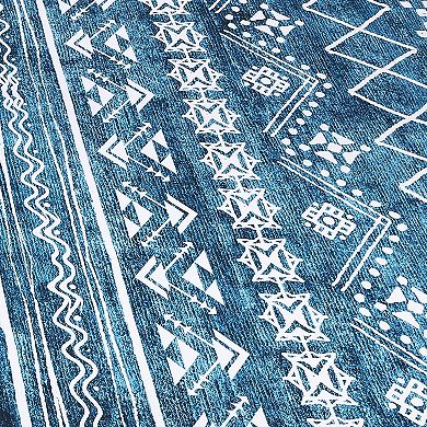 Ultra-Thin Washable North African Area Rug, Boho Geometric Carpet - Super Soft, Non-Slip TPE Backing