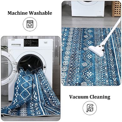 Ultra-Thin Washable North African Area Rug, Boho Geometric Carpet - Super Soft, Non-Slip TPE Backing